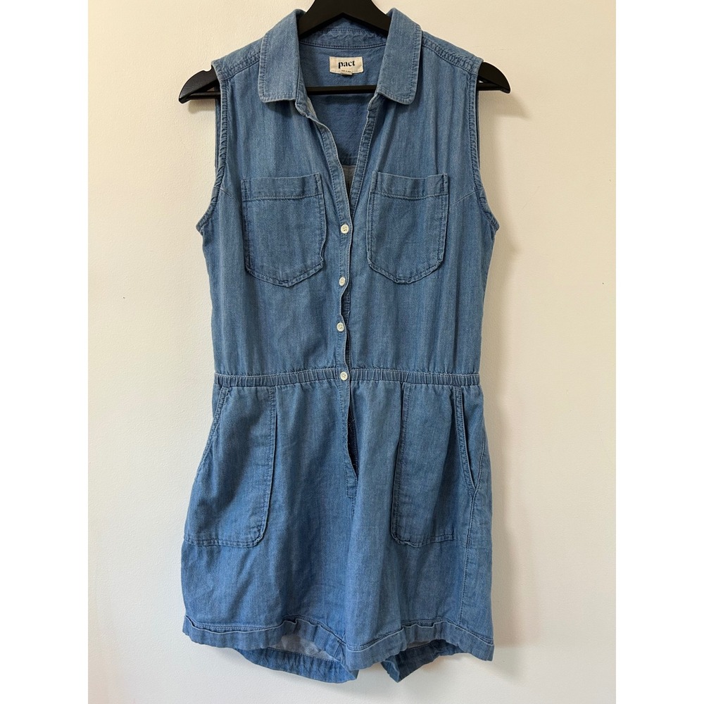 Pact Womens XS Blue Chambray Denim Tank Button Front Utility Romper Pockets